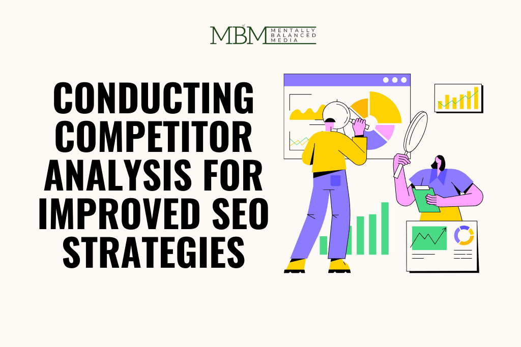 Illustration of two figures analyzing data charts and graphs representing conducting competitor analysis for SEO improvement.