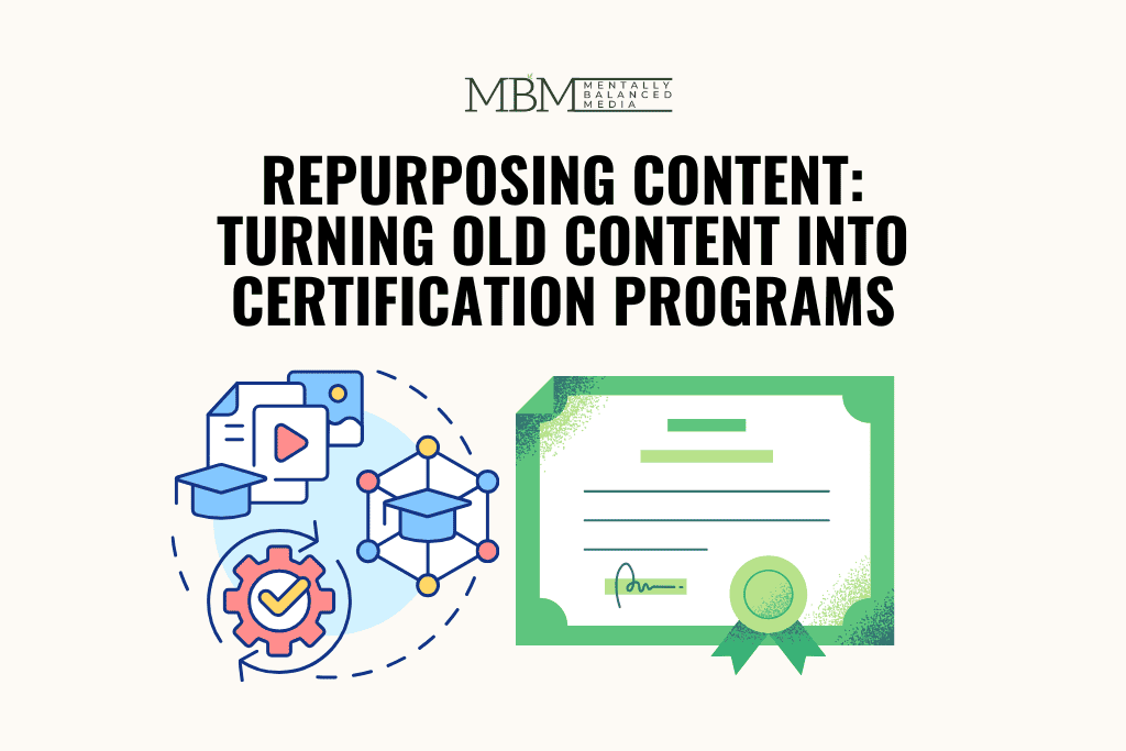 Certificate and multimedia icons representing the process of turning old content into certification programs.