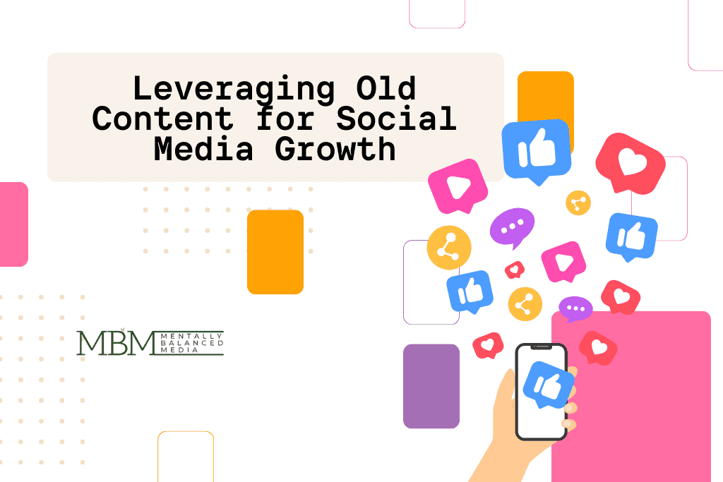 Leveraging old content for social media growth with likes, shares, and engagement icons.