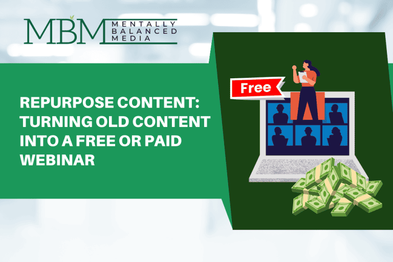 Repurpose content into a free or paid webinar with a laptop showing a webinar and cash representing revenue opportunities.