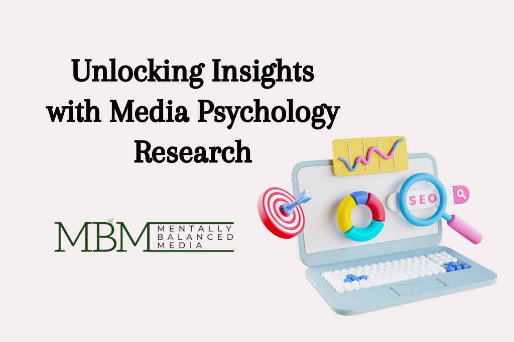 Illustration of a laptop with SEO and media psychology research icons.