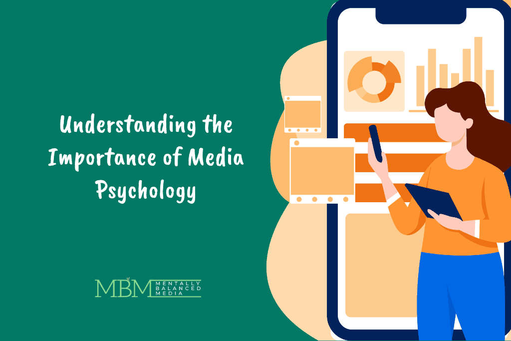Illustration of a woman analyzing media psychology on a smartphone and tablet.