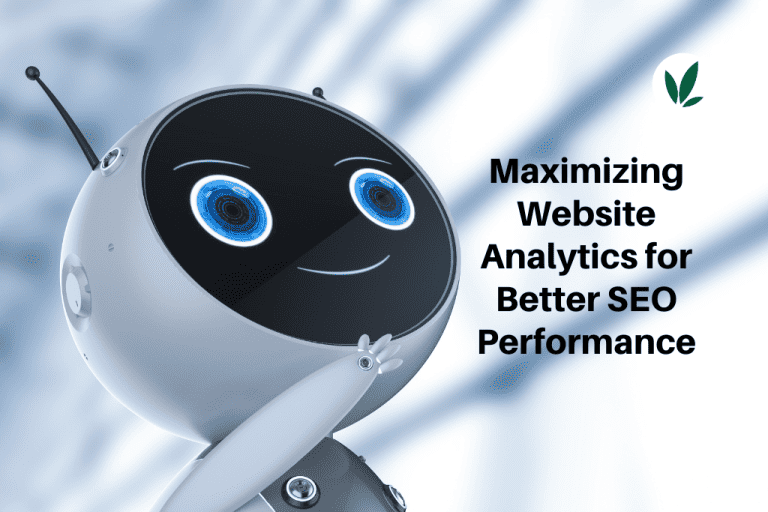 Smiling robot character symbolizing website analytics for improved SEO.