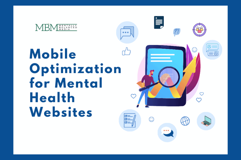 Mobile optimization strategies illustration for mental health websites, featuring a person analyzing mobile data with graphs and icons.