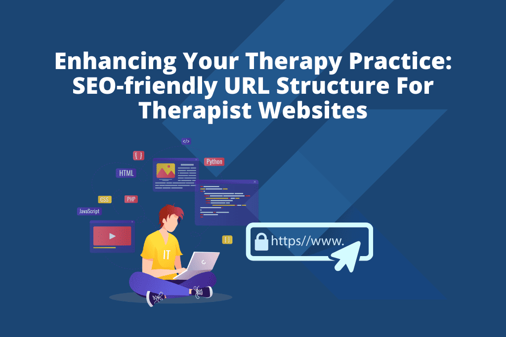 Illustration of a person working on a laptop with coding elements and a URL, representing SEO-friendly URL structure for therapist websites.