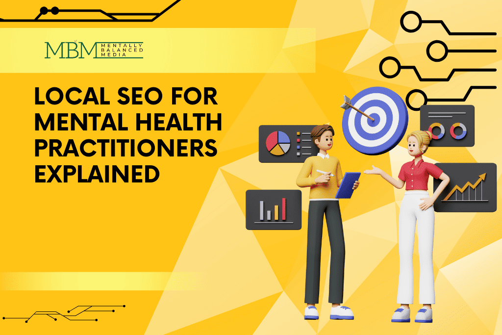 Illustration of two characters discussing SEO strategies with charts and a target symbol, representing local SEO for mental health practitioners.